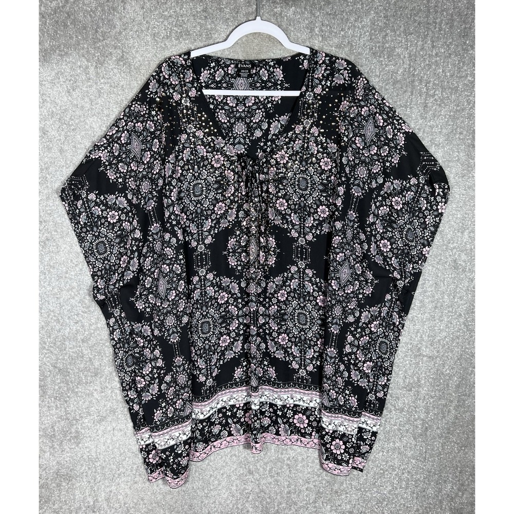 Evans Poncho Top Womens Sz 26/28 Black Pink Gray Floral Rhinestones Lace Up Neck